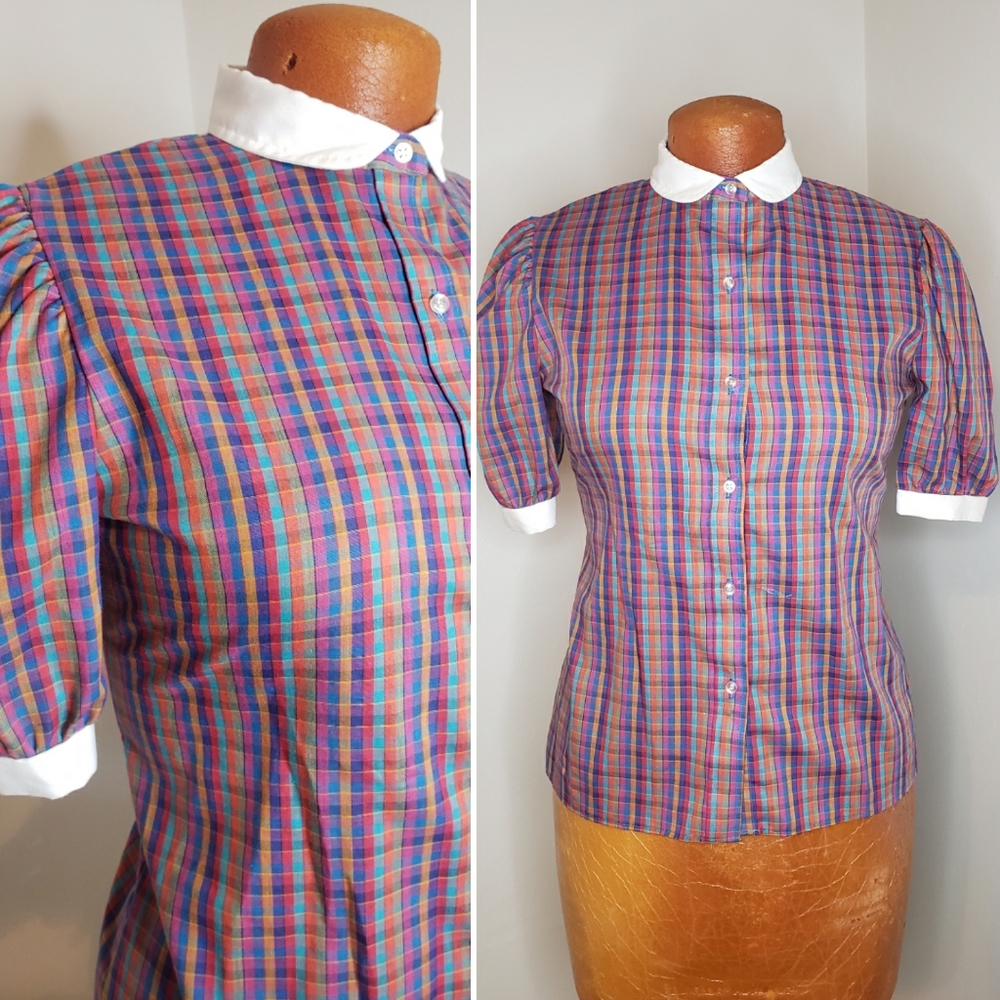 Vtg 1970s Tattletale plaid peter pan collar shirt